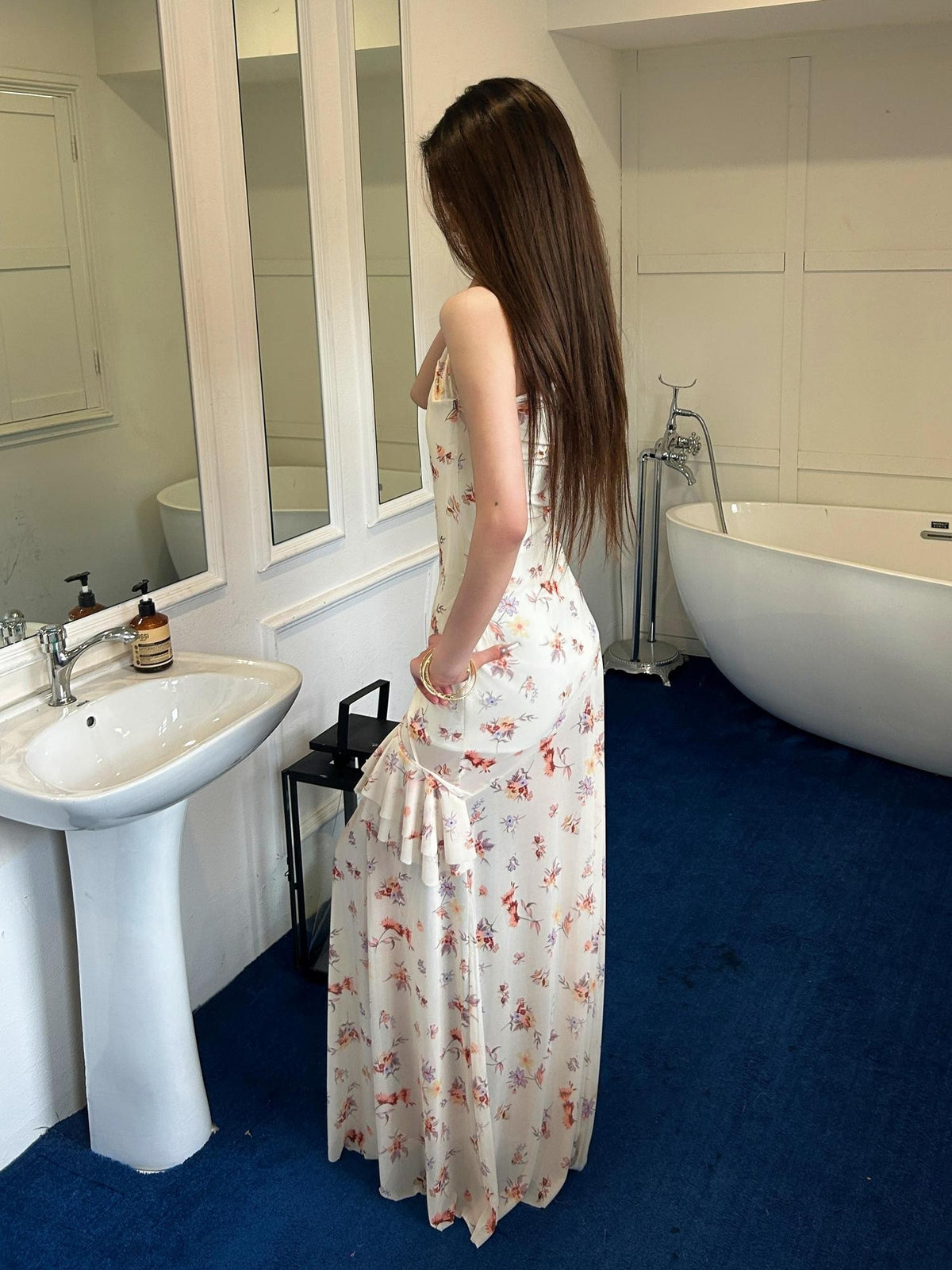 GGLOYDIUS Floral Print Ruffled Halter Slim Fit French Style Women's Polyester Slip Maxi Dresses