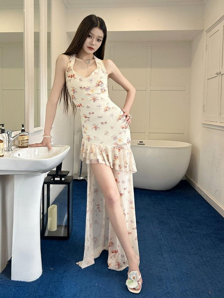 GGLOYDIUS Floral Print Ruffled Halter Slim Fit French Style Women's Polyester Slip Maxi Dresses