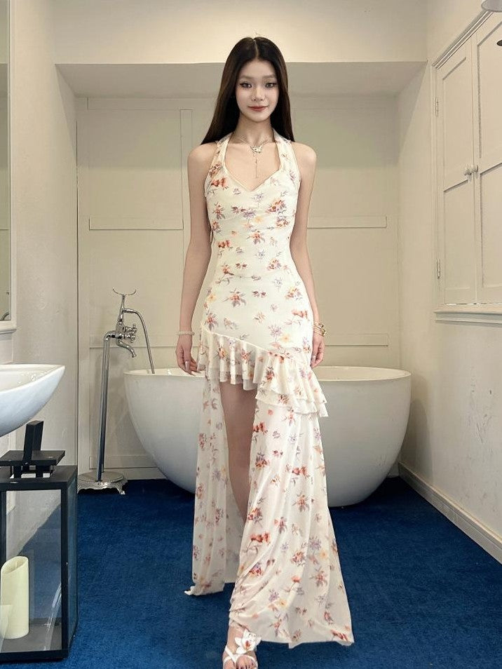 GGLOYDIUS Floral Print Ruffled Halter Slim Fit French Style Women's Polyester Slip Maxi Dresses