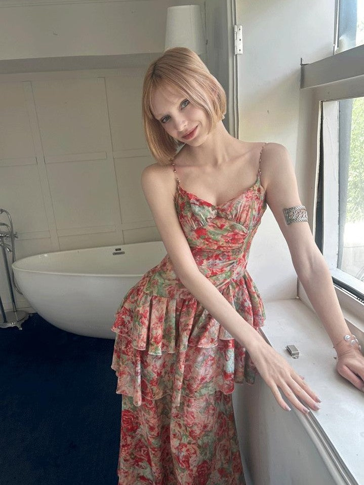 GGLOYDIUS Floral Print Tiered Colorblock Women's Linen Slip Maxi Dresses