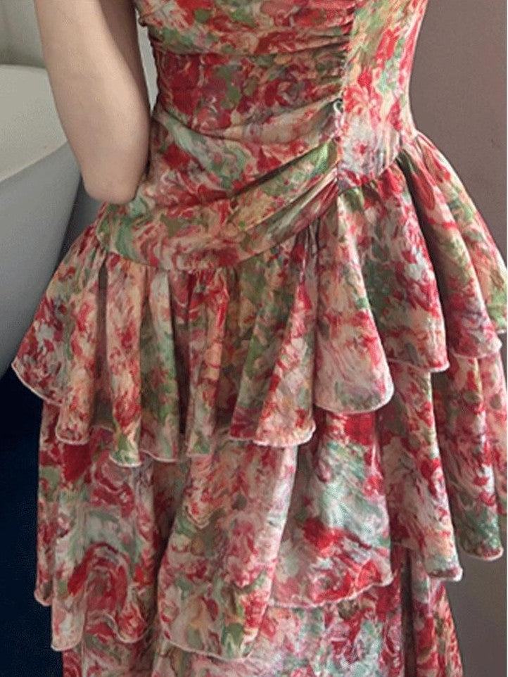 GGLOYDIUS Floral Print Tiered Colorblock Women's Linen Slip Maxi Dresses