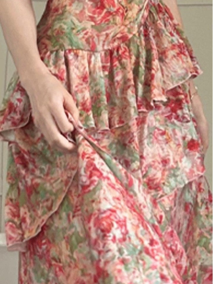 GGLOYDIUS Floral Print Tiered Colorblock Women's Linen Slip Maxi Dresses
