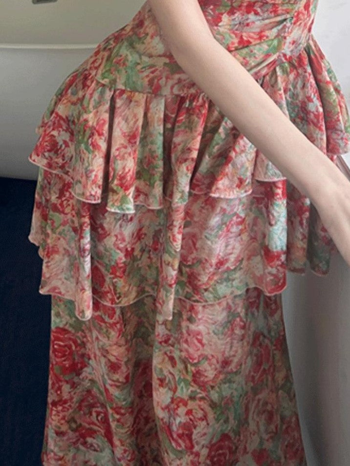 GGLOYDIUS Floral Print Tiered Colorblock Women's Linen Slip Maxi Dresses
