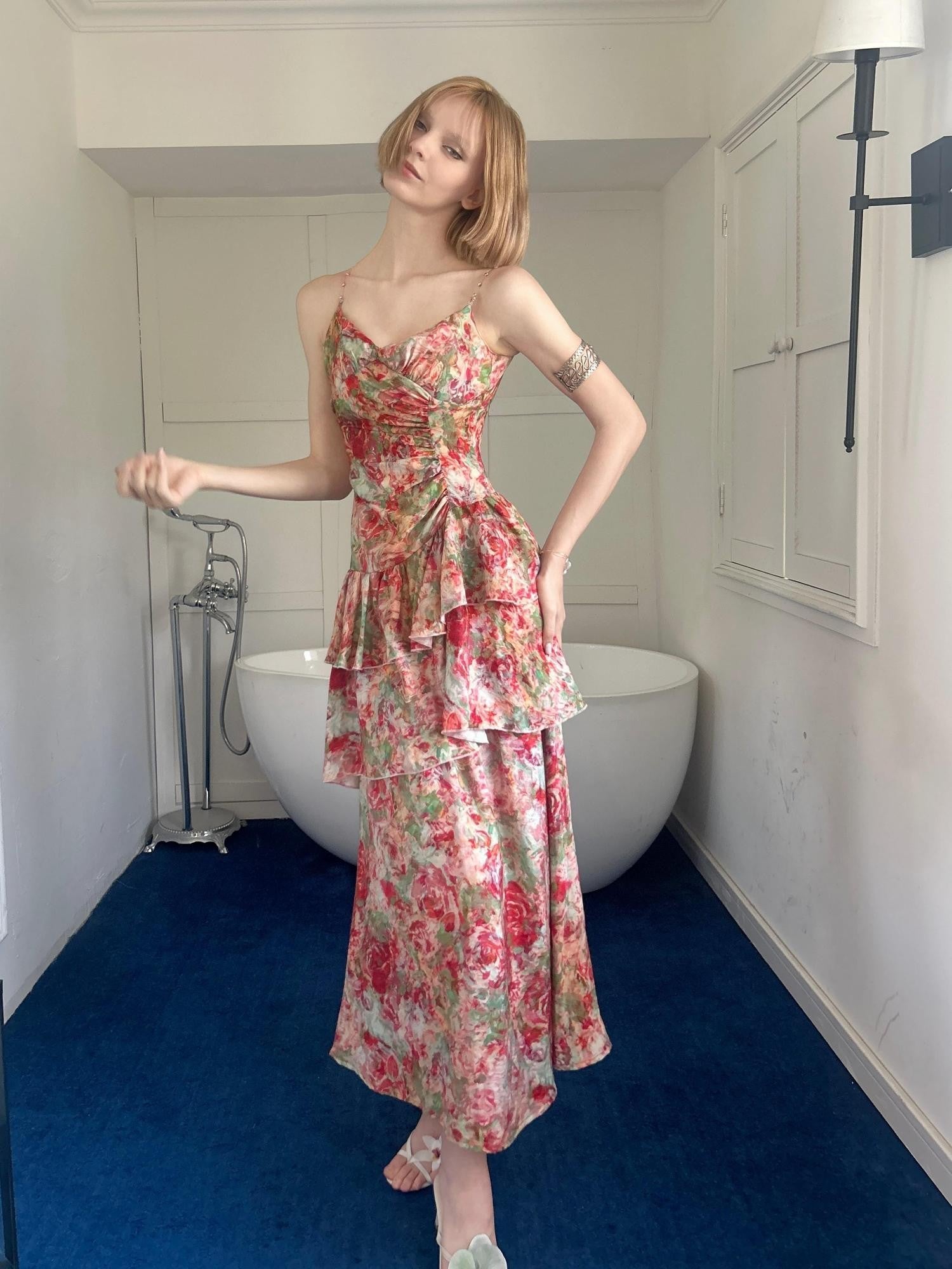GGLOYDIUS Floral Print Tiered Colorblock Women's Linen Slip Maxi Dresses