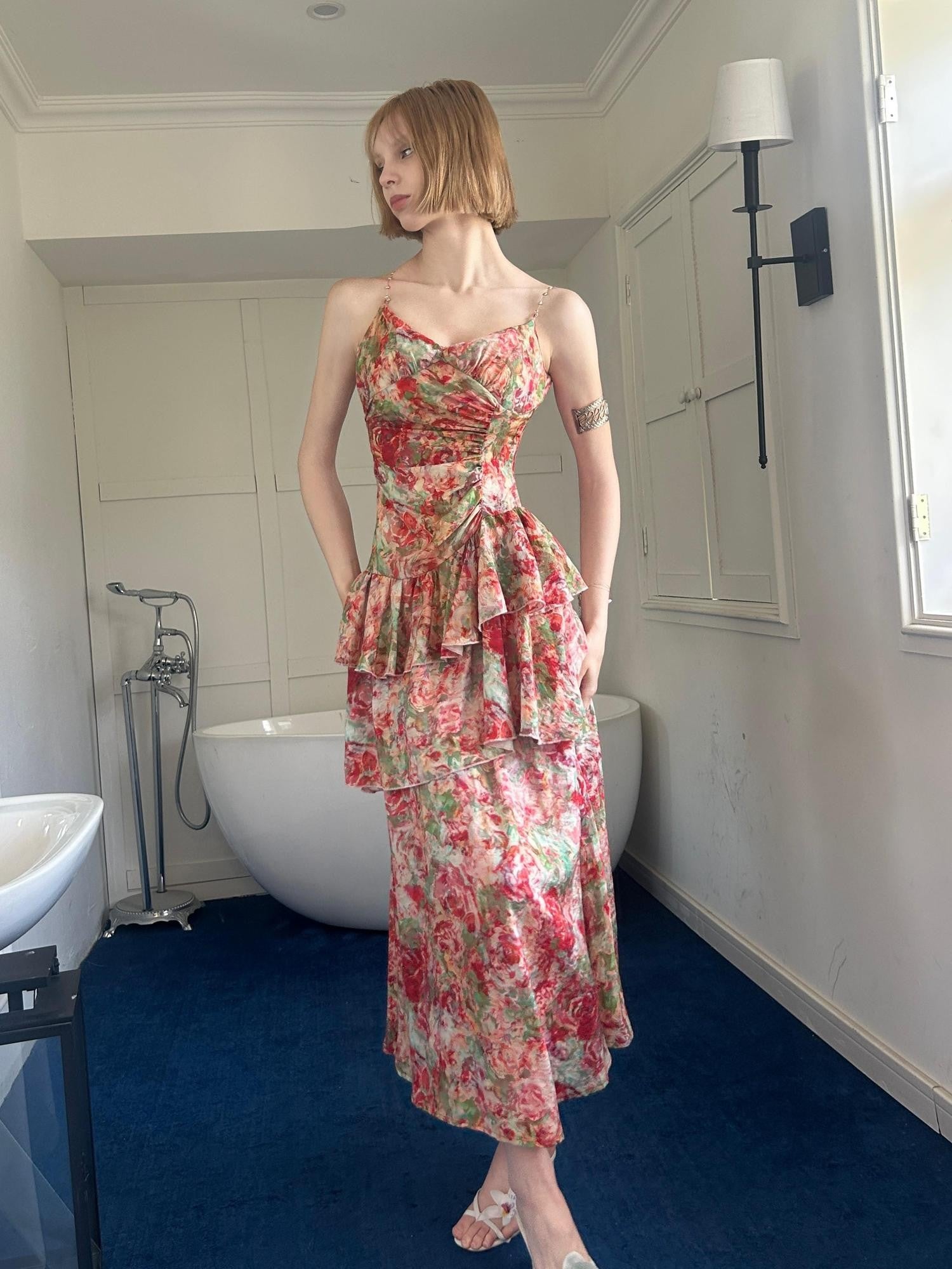 GGLOYDIUS Floral Print Tiered Colorblock Women's Linen Slip Maxi Dresses