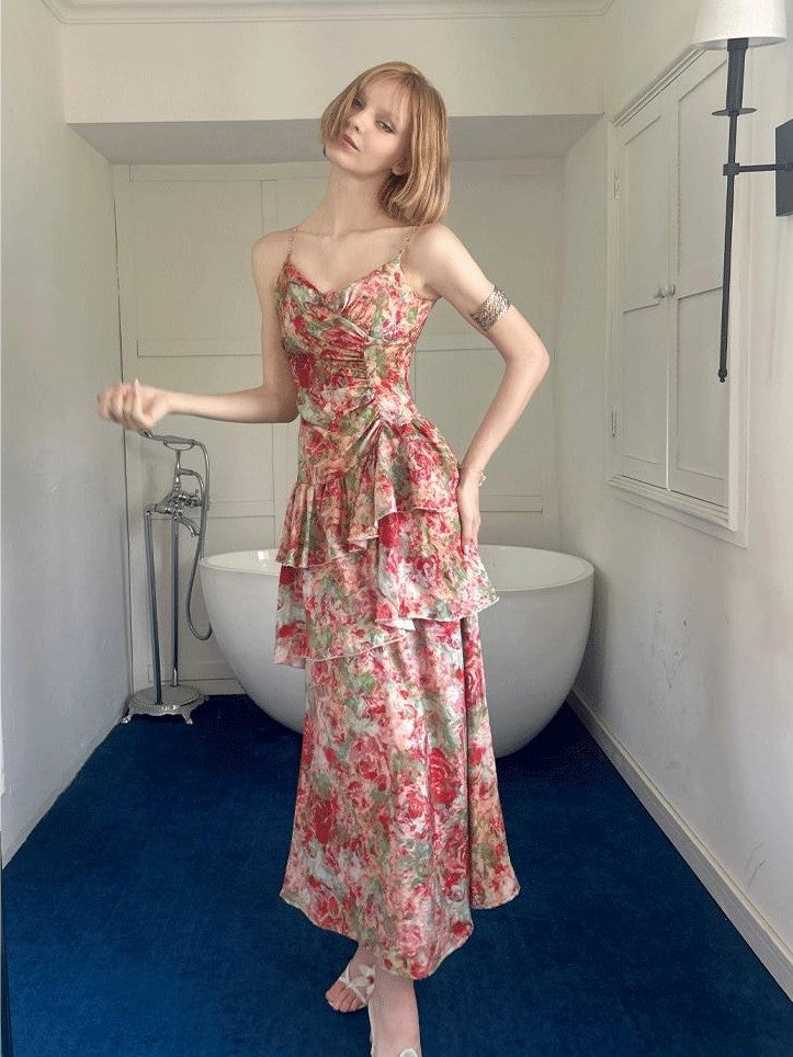 GGLOYDIUS Floral Print Tiered Colorblock Women's Linen Slip Maxi Dresses