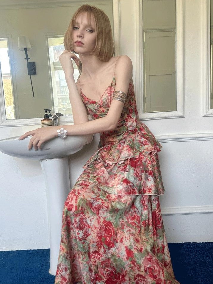 GGLOYDIUS Floral Print Tiered Colorblock Women's Linen Slip Maxi Dresses