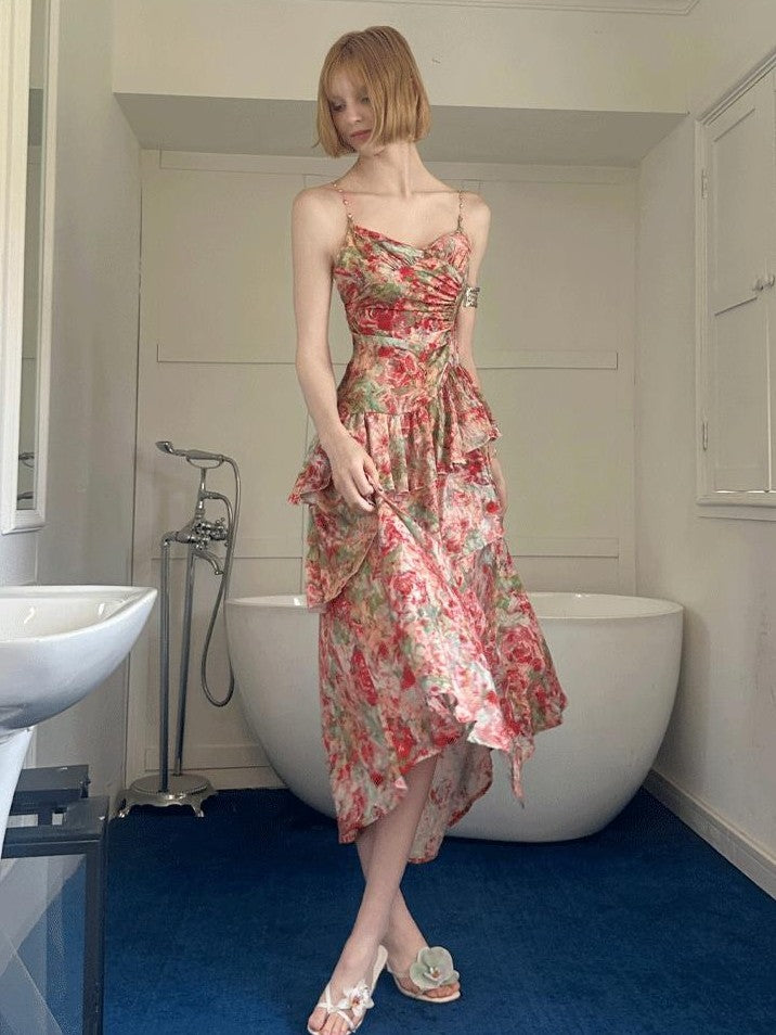 GGLOYDIUS Floral Print Tiered Colorblock Women's Linen Slip Maxi Dresses