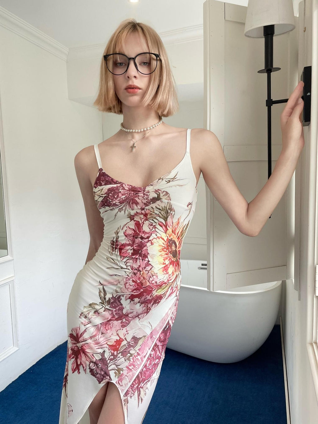 GGLOYDIUS Floral Spaghetti Strap V-neck Slit Women's Polyester Bodycon Maxi Dresses