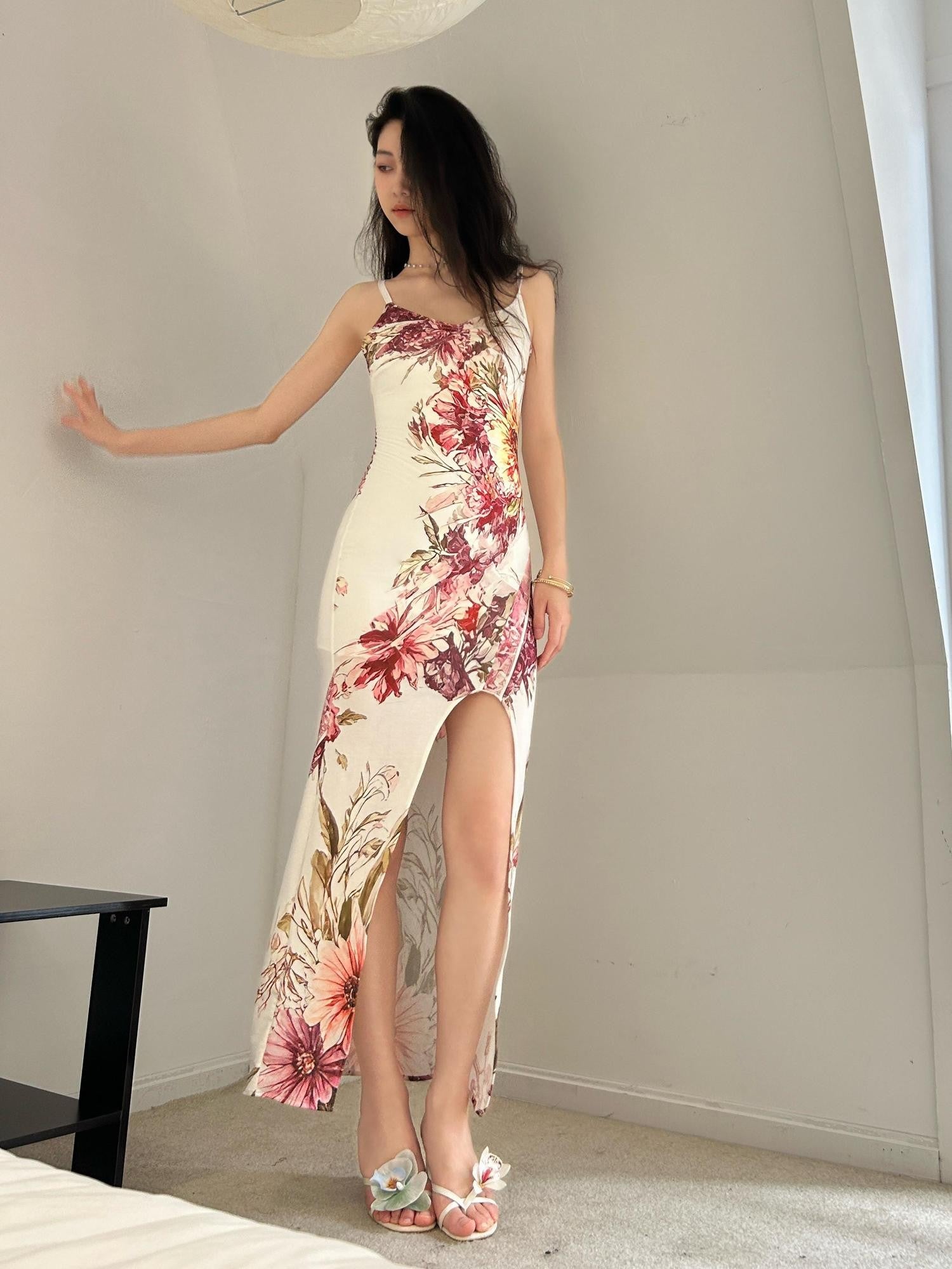 GGLOYDIUS Floral Spaghetti Strap V-neck Slit Women's Polyester Bodycon Maxi Dresses