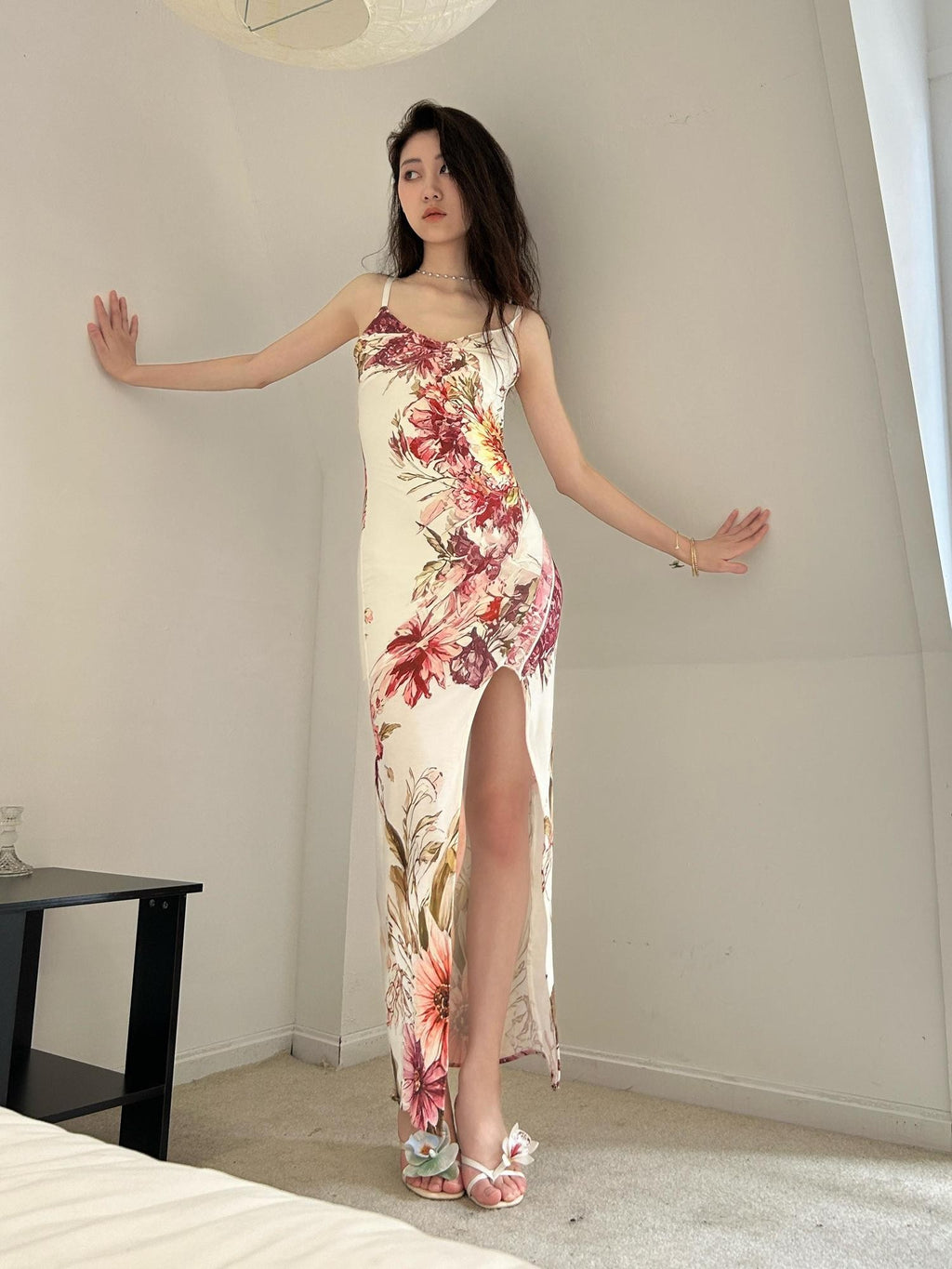 GGLOYDIUS Floral Spaghetti Strap V-neck Slit Women's Polyester Bodycon Maxi Dresses