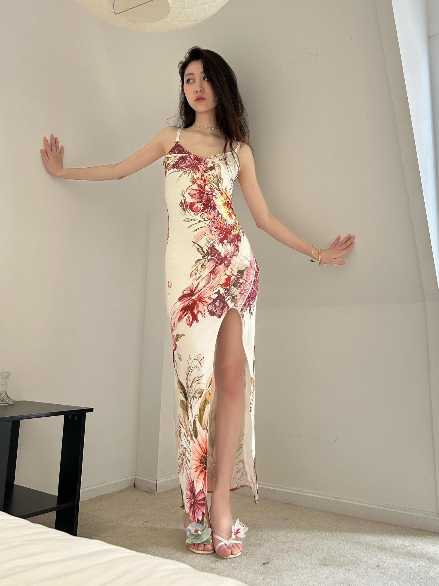 GGLOYDIUS Floral Spaghetti Strap V-neck Slit Women's Polyester Bodycon Maxi Dresses