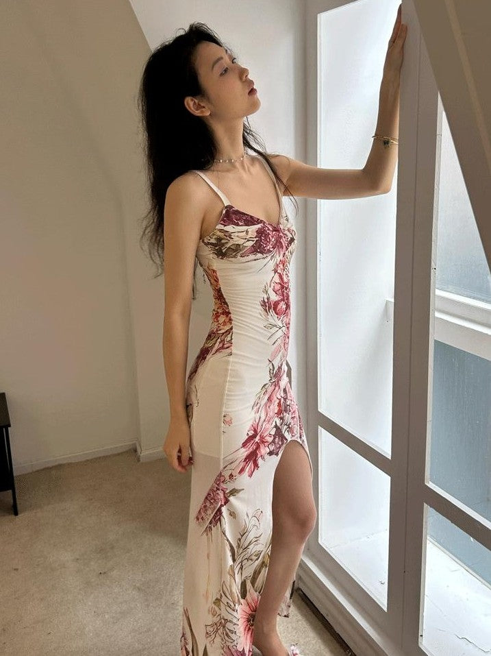 GGLOYDIUS Floral Spaghetti Strap V-neck Slit Women's Polyester Bodycon Maxi Dresses