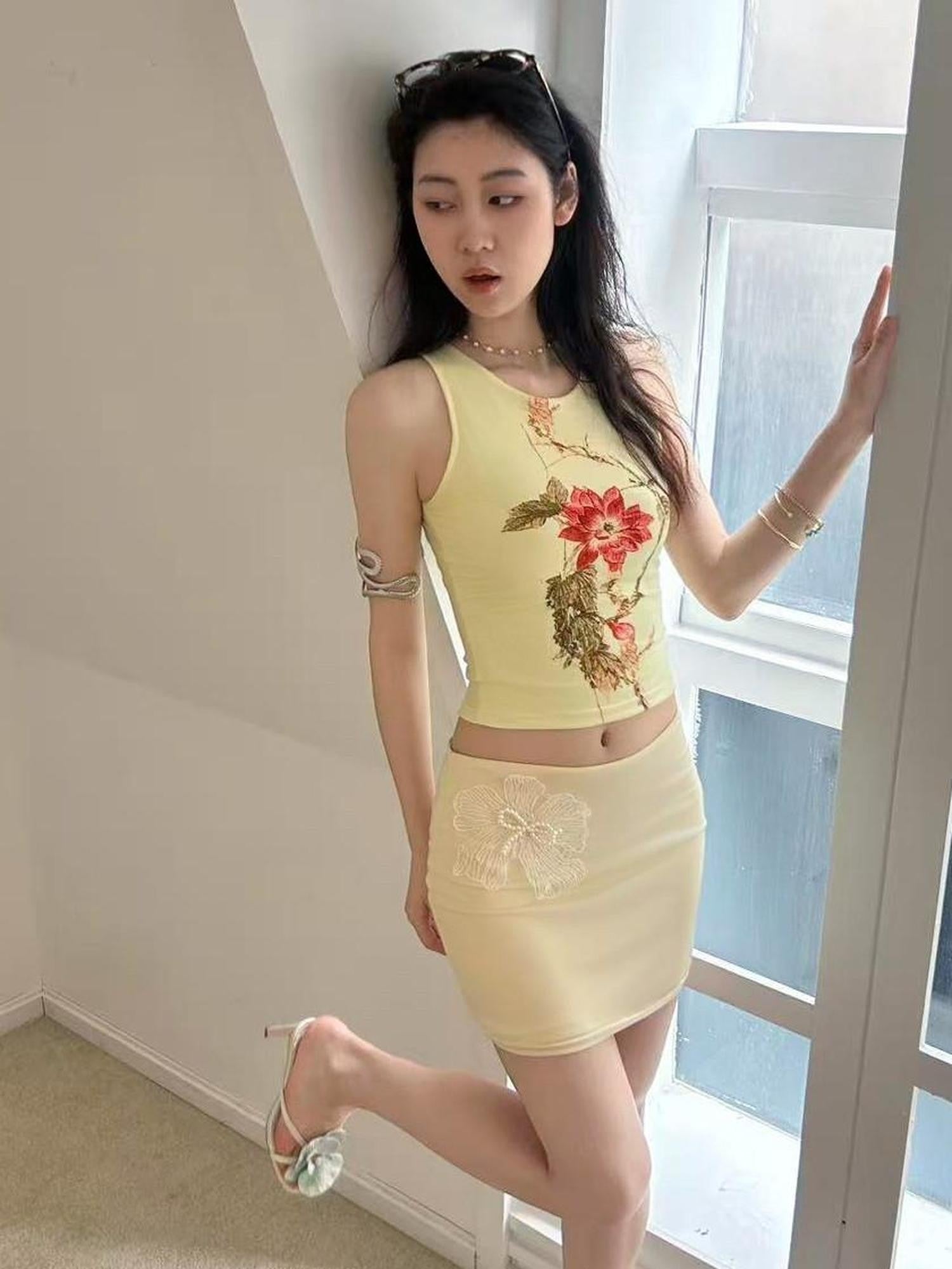 GGLOYDIUS Gold 3d Floral Sleeveless High Waist Bodycon Women's Matching Skirt Sets