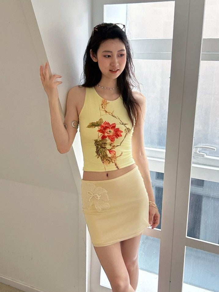 GGLOYDIUS Gold 3d Floral Sleeveless High Waist Bodycon Women's Matching Skirt Sets
