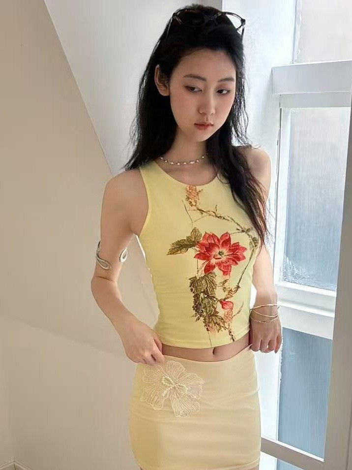 GGLOYDIUS Gold 3d Floral Sleeveless High Waist Bodycon Women's Matching Skirt Sets