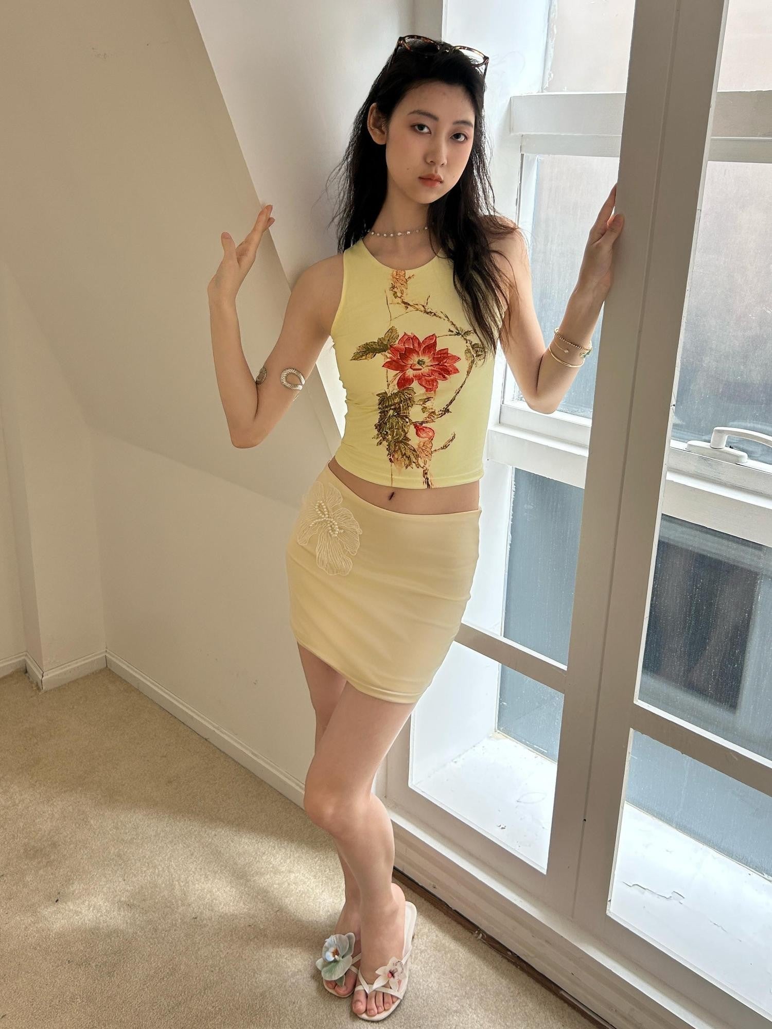 GGLOYDIUS Gold 3d Floral Sleeveless High Waist Bodycon Women's Matching Skirt Sets
