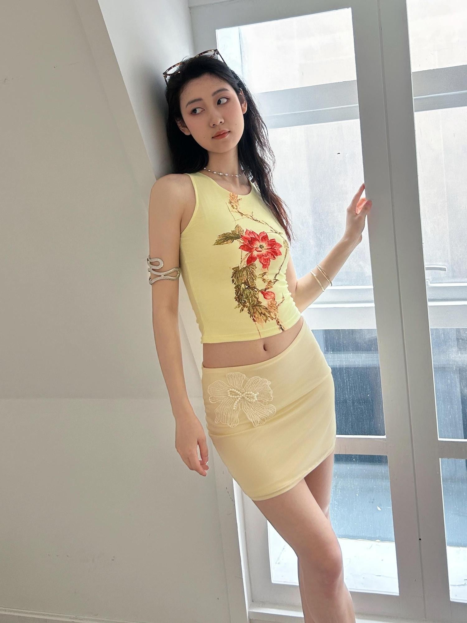 GGLOYDIUS Gold 3d Floral Sleeveless High Waist Bodycon Women's Matching Skirt Sets
