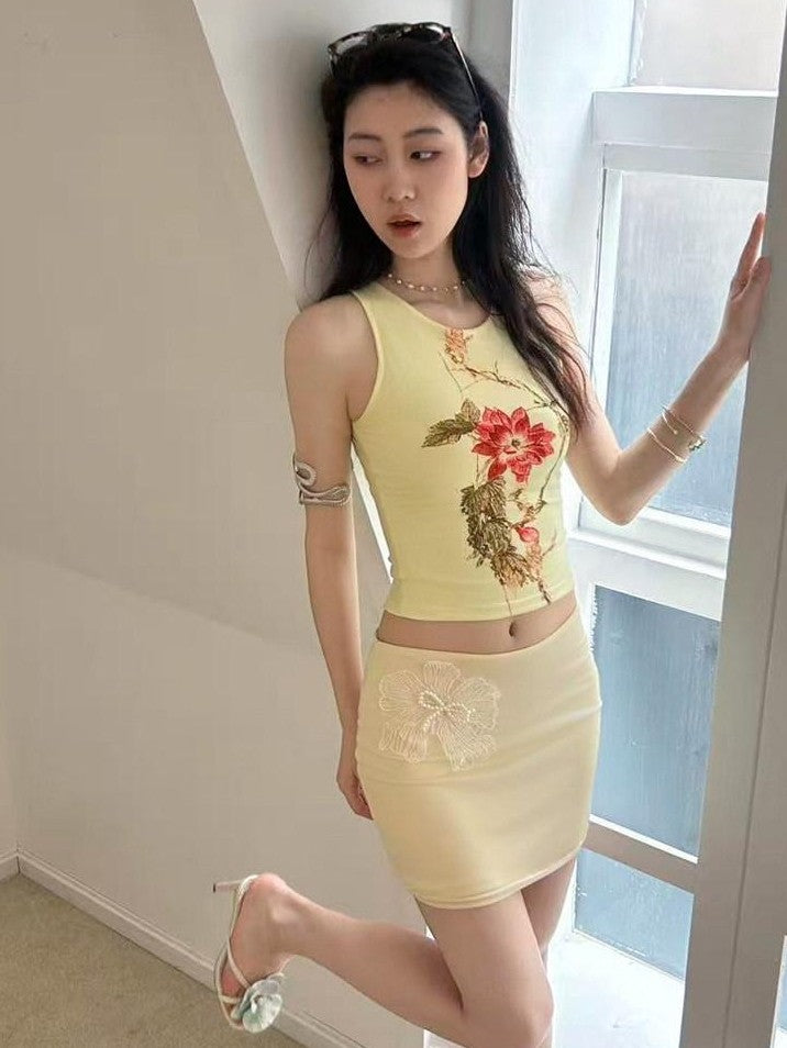 GGLOYDIUS Gold 3d Floral Sleeveless High Waist Bodycon Women's Matching Skirt Sets