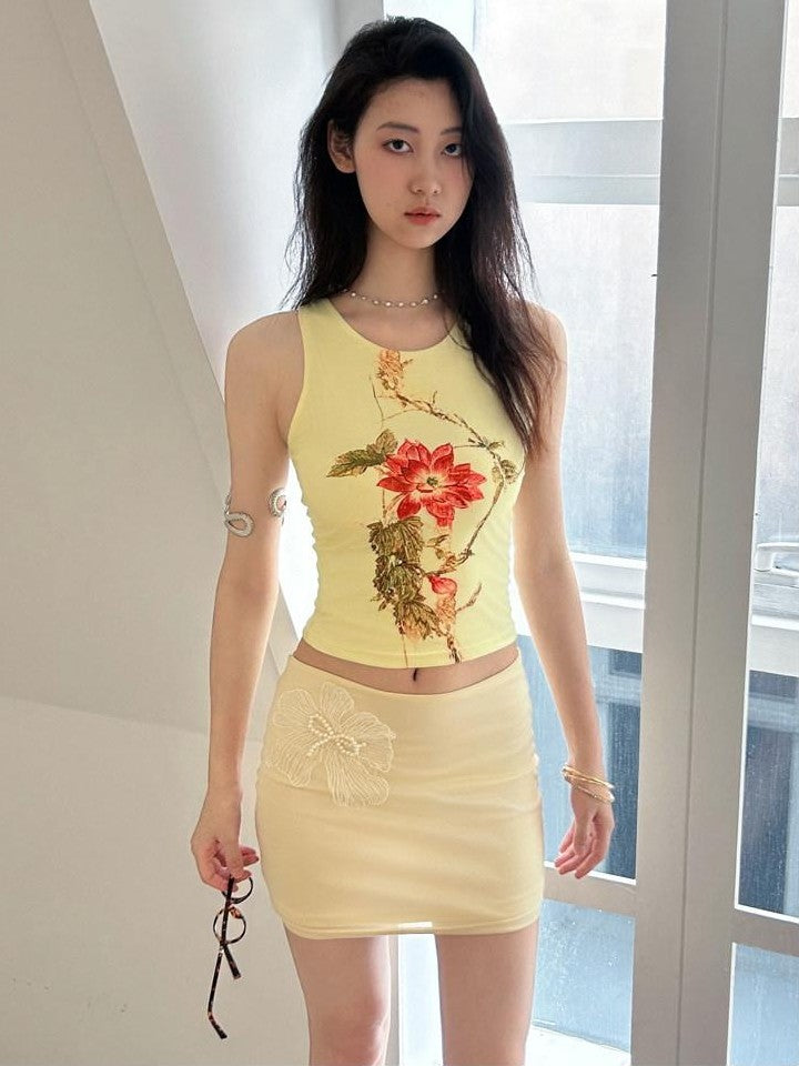 GGLOYDIUS Gold 3d Floral Sleeveless High Waist Bodycon Women's Matching Skirt Sets