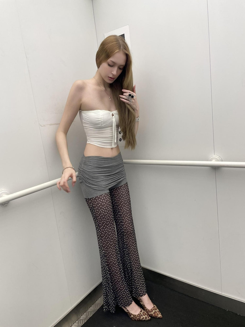GGLOYDIUS Gray Polka Dot Silver Ring High Waist Slim Fit Women's Stretch Bootcut Pants
