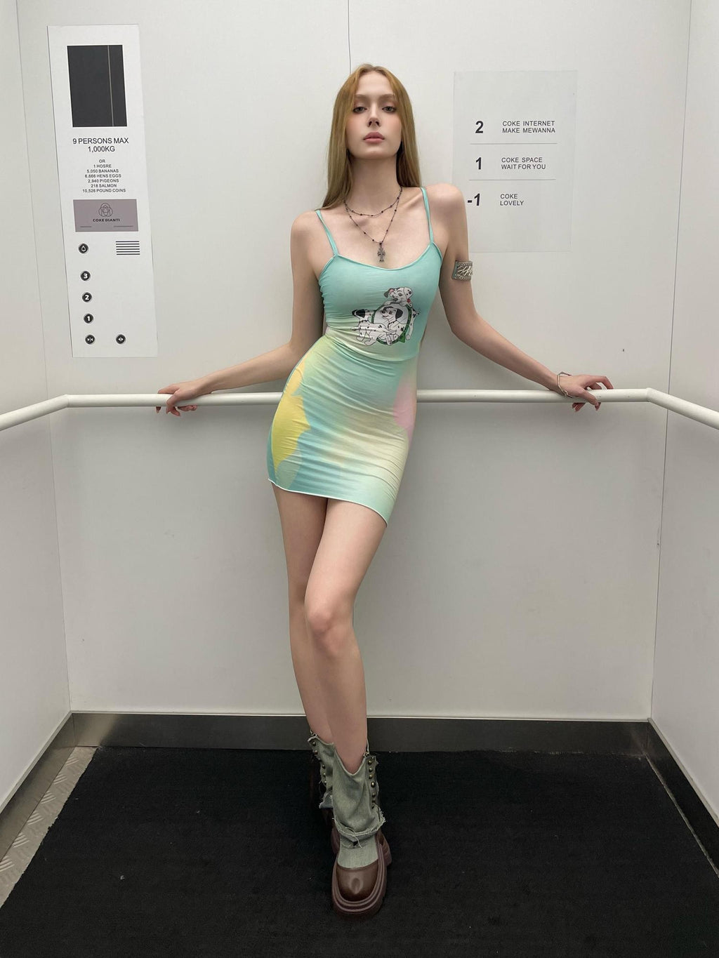 GGLOYDIUS Green Cartoon Print Strappy Waist Cinch Women's Polyester Bodycon Mini Dresses