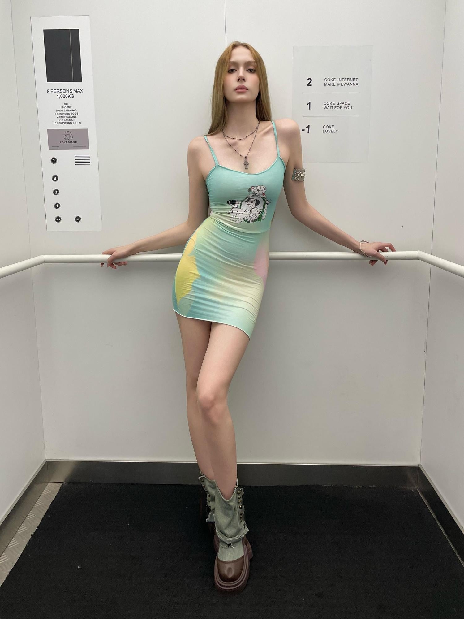 GGLOYDIUS Green Cartoon Print Strappy Waist Cinch Women's Polyester Bodycon Mini Dresses
