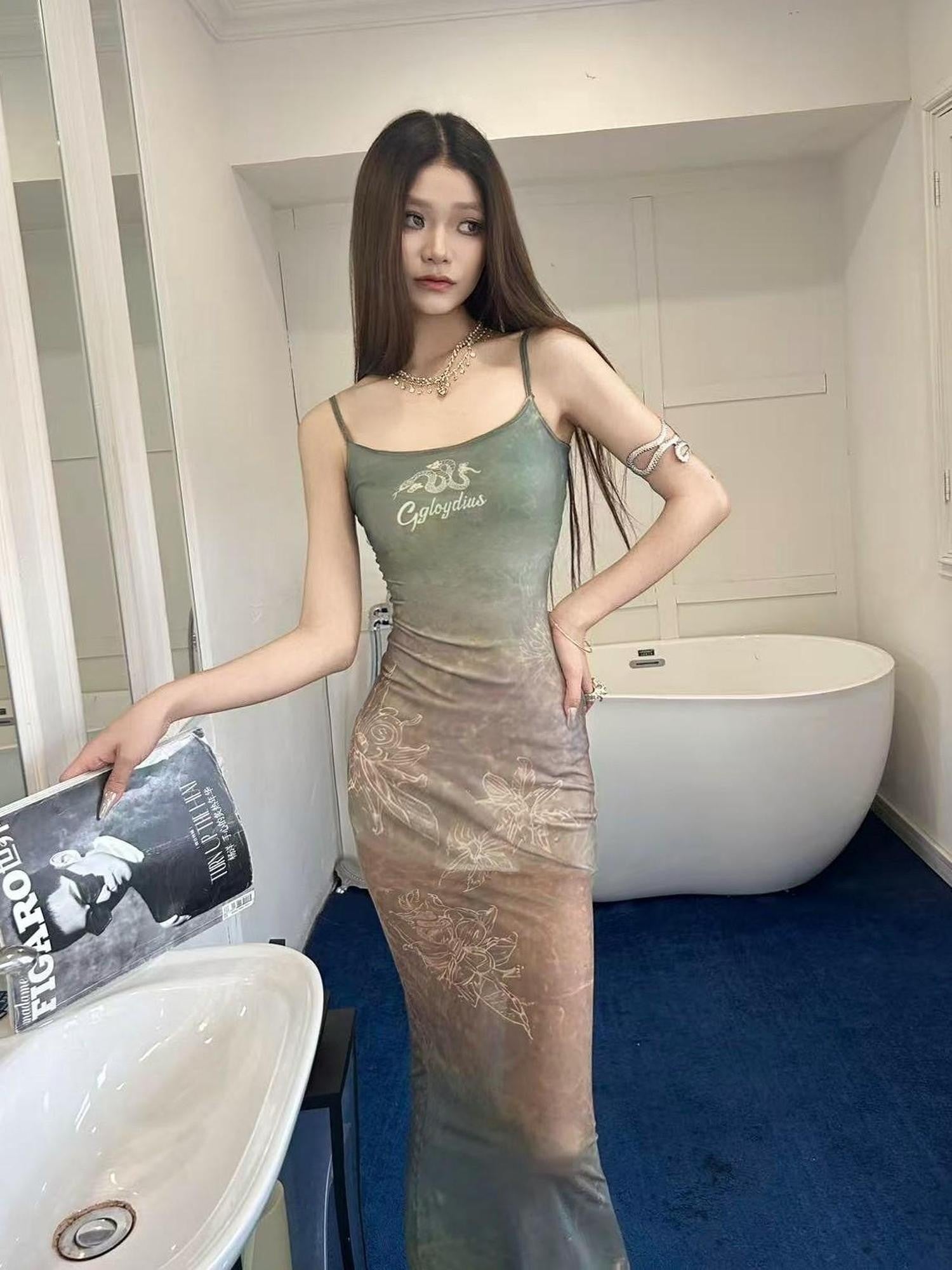 GGLOYDIUS Green Ombre Print Strappy Cinched Waist Women's Polyester Bodycon Maxi Dresses