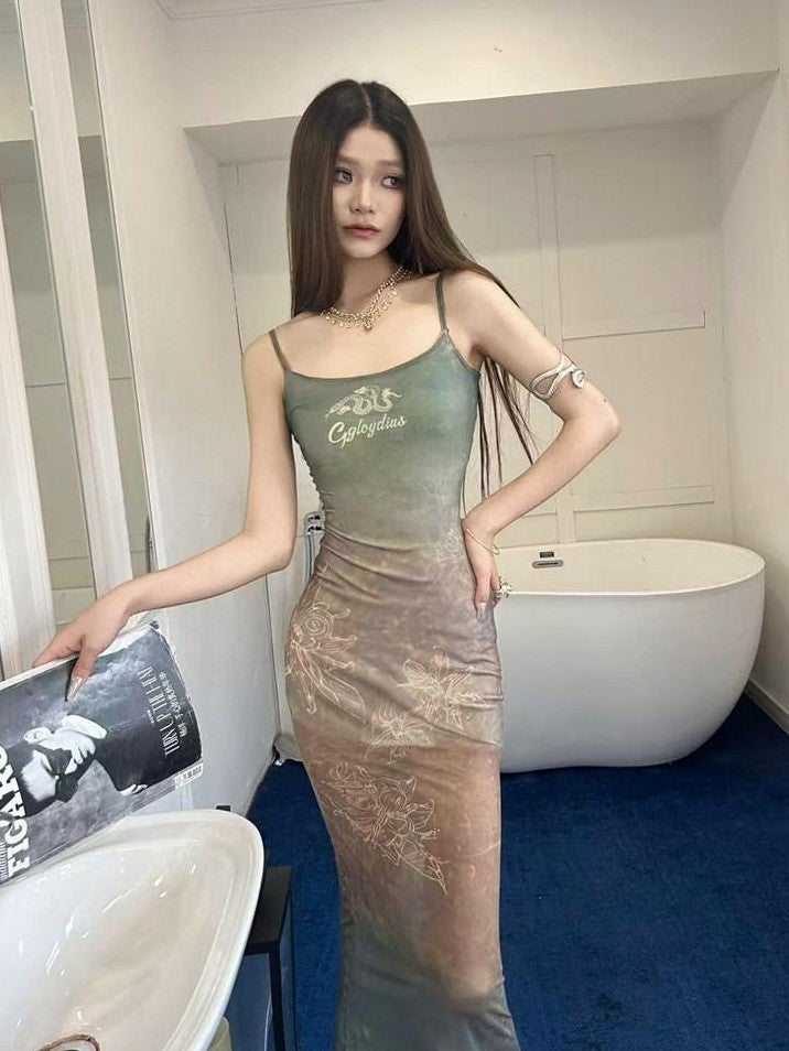 GGLOYDIUS Green Ombre Print Strappy Cinched Waist Women's Polyester Bodycon Maxi Dresses