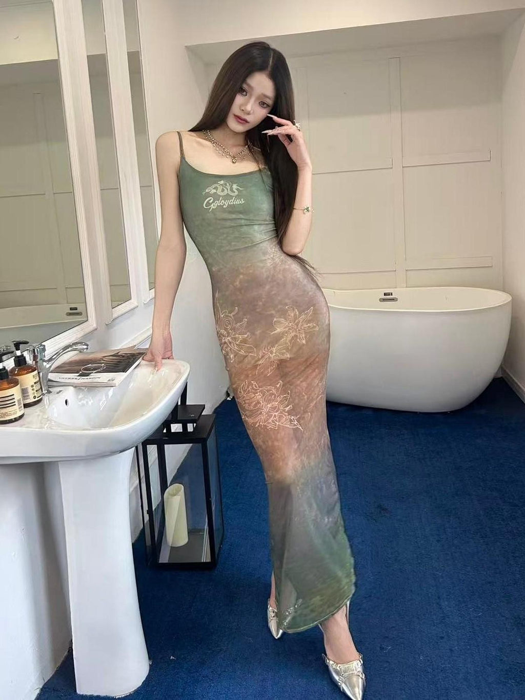 GGLOYDIUS Green Ombre Print Strappy Cinched Waist Women's Polyester Bodycon Maxi Dresses