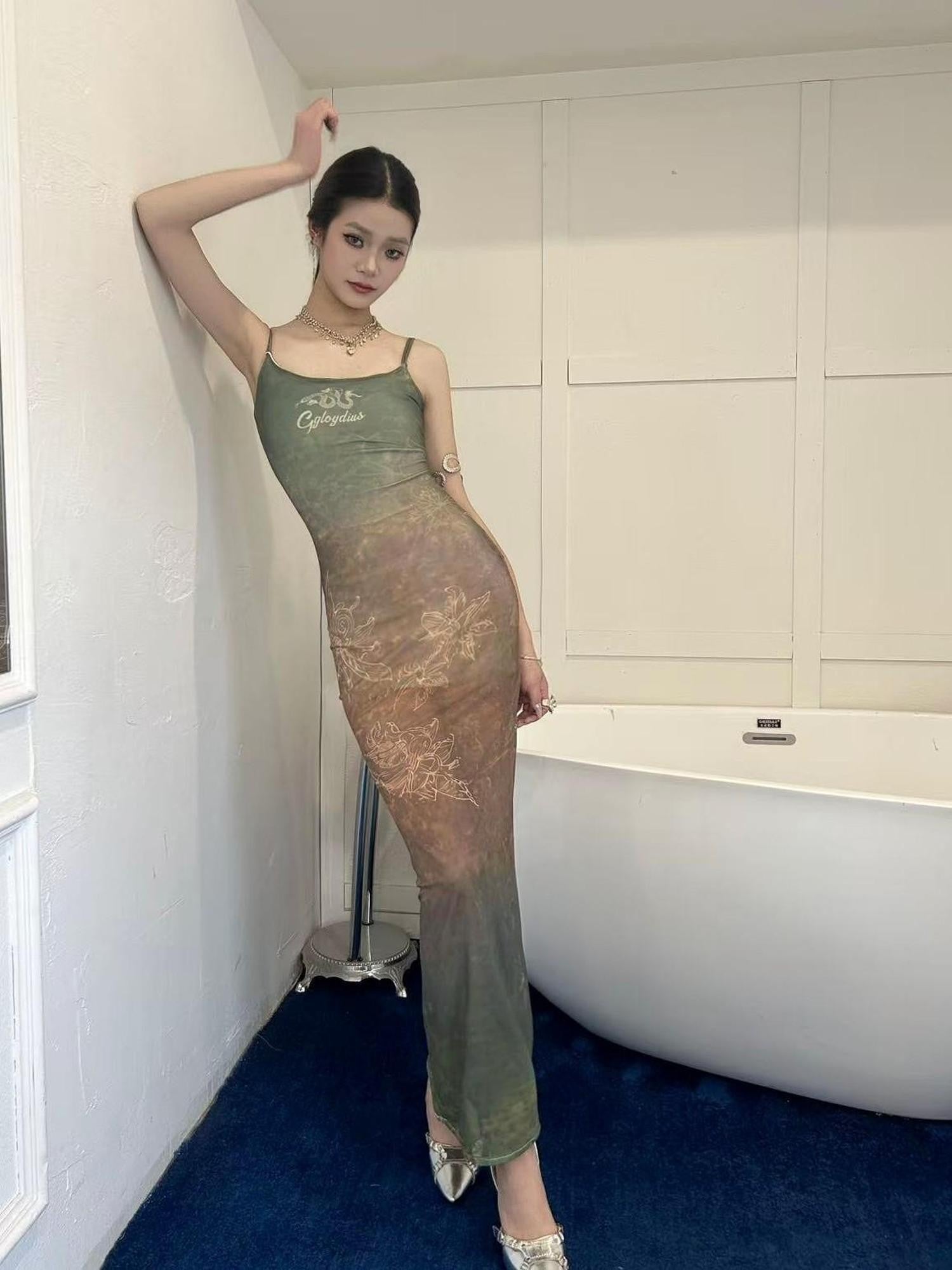 GGLOYDIUS Green Ombre Print Strappy Cinched Waist Women's Polyester Bodycon Maxi Dresses