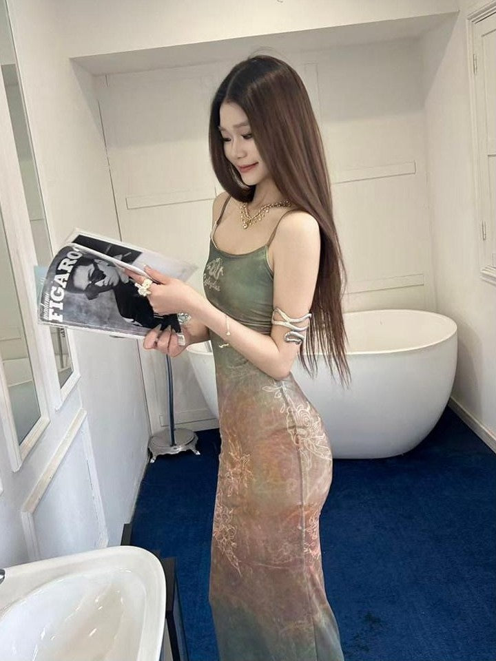 GGLOYDIUS Green Ombre Print Strappy Cinched Waist Women's Polyester Bodycon Maxi Dresses
