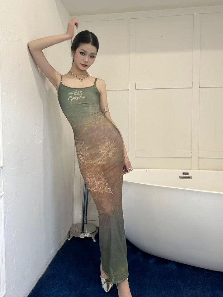 GGLOYDIUS Green Ombre Print Strappy Cinched Waist Women's Polyester Bodycon Maxi Dresses