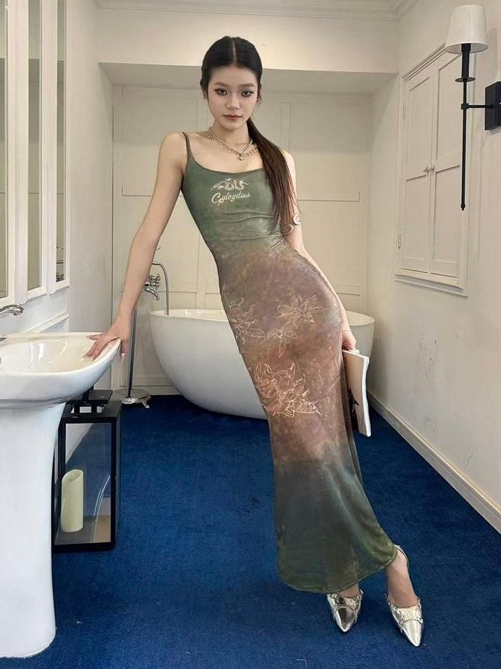 GGLOYDIUS Green Ombre Print Strappy Cinched Waist Women's Polyester Bodycon Maxi Dresses