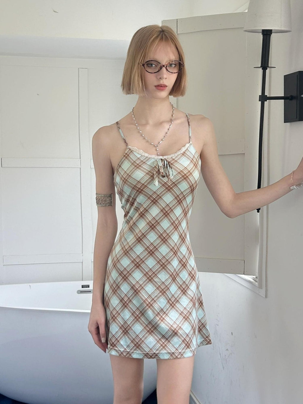 GGLOYDIUS Green Plaid Bow Silver Ring Women's Polyester Slip Midi Dresses