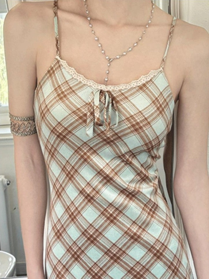 GGLOYDIUS Green Plaid Bow Silver Ring Women's Polyester Slip Midi Dresses