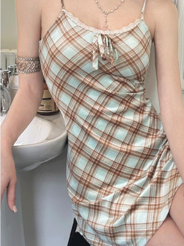 GGLOYDIUS Green Plaid Bow Silver Ring Women's Polyester Slip Midi Dresses