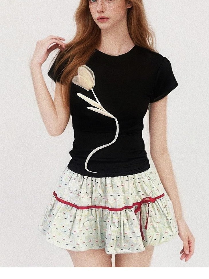 GGLOYDIUS Light Green Bow Tie High Waist Tiered Women's Cotton Mini Skirts