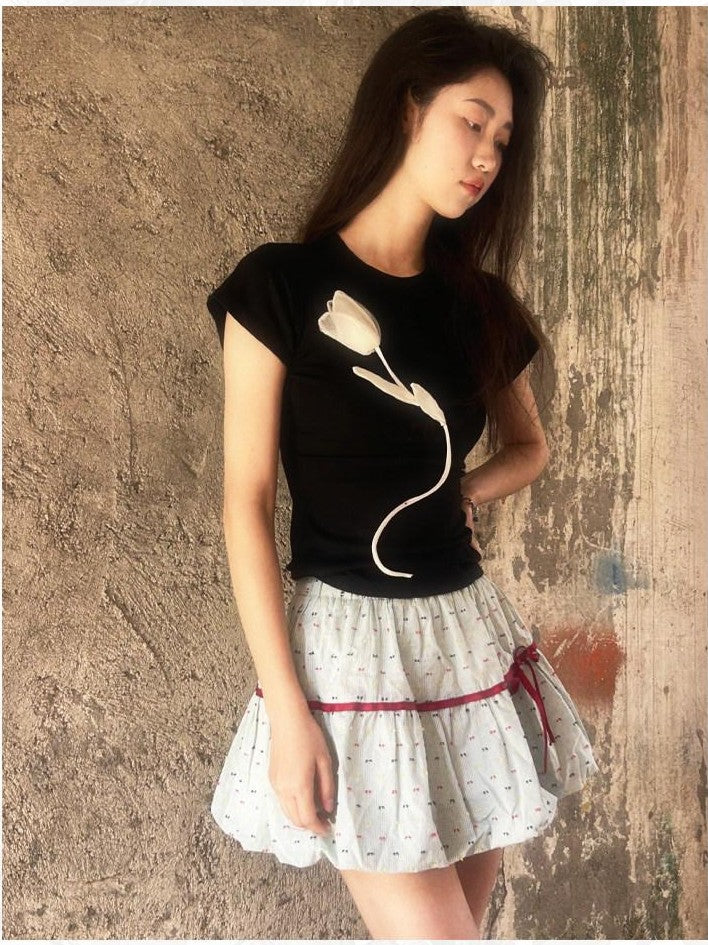 GGLOYDIUS Light Green Bow Tie High Waist Tiered Women's Cotton Mini Skirts