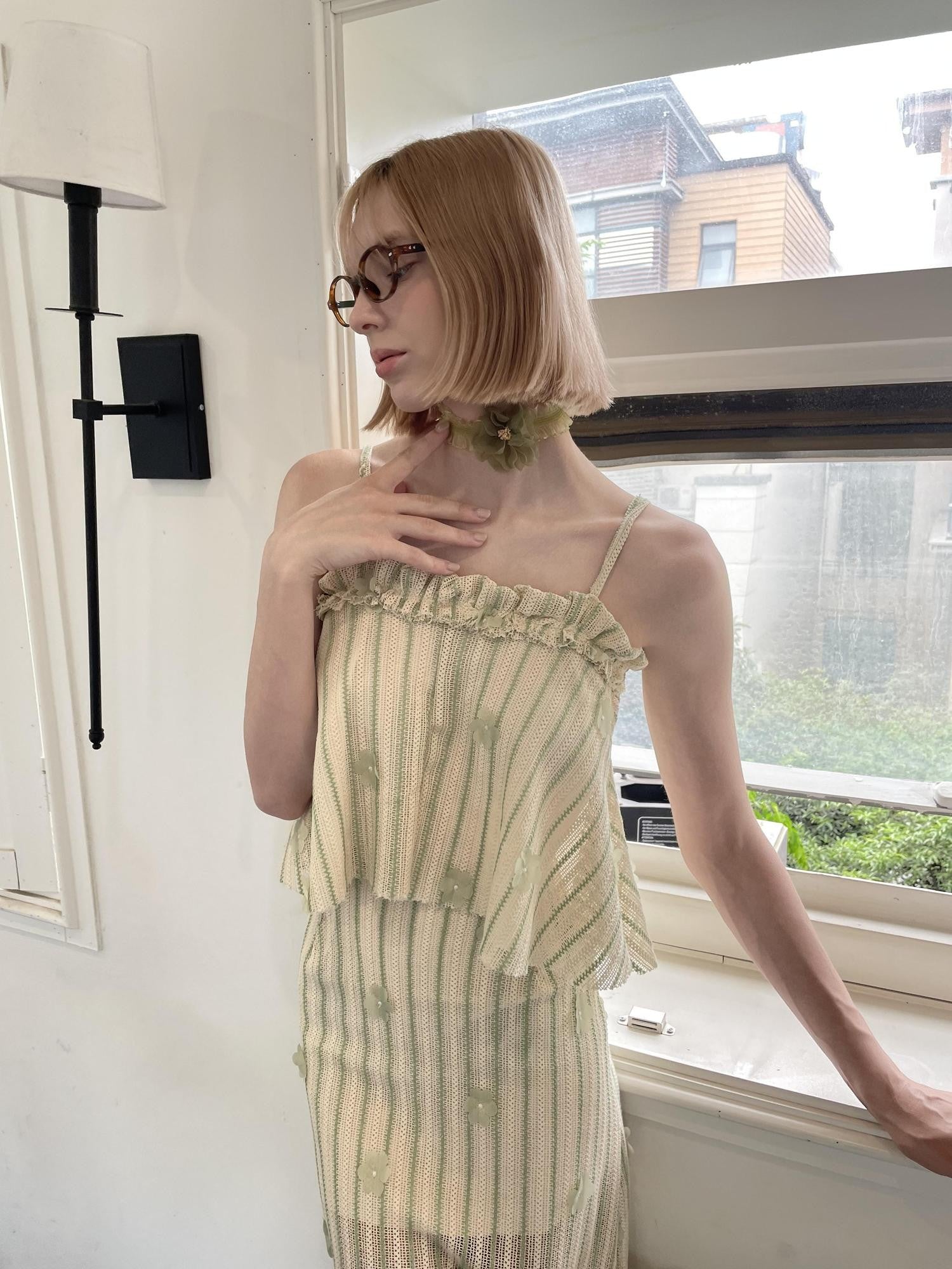 GGLOYDIUS Light Green Ruffle 3d Embroidered Cami Slim Women's Polyester Matching Skirt Sets