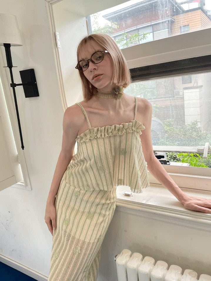 GGLOYDIUS Light Green Ruffle 3d Embroidered Cami Slim Women's Polyester Matching Skirt Sets