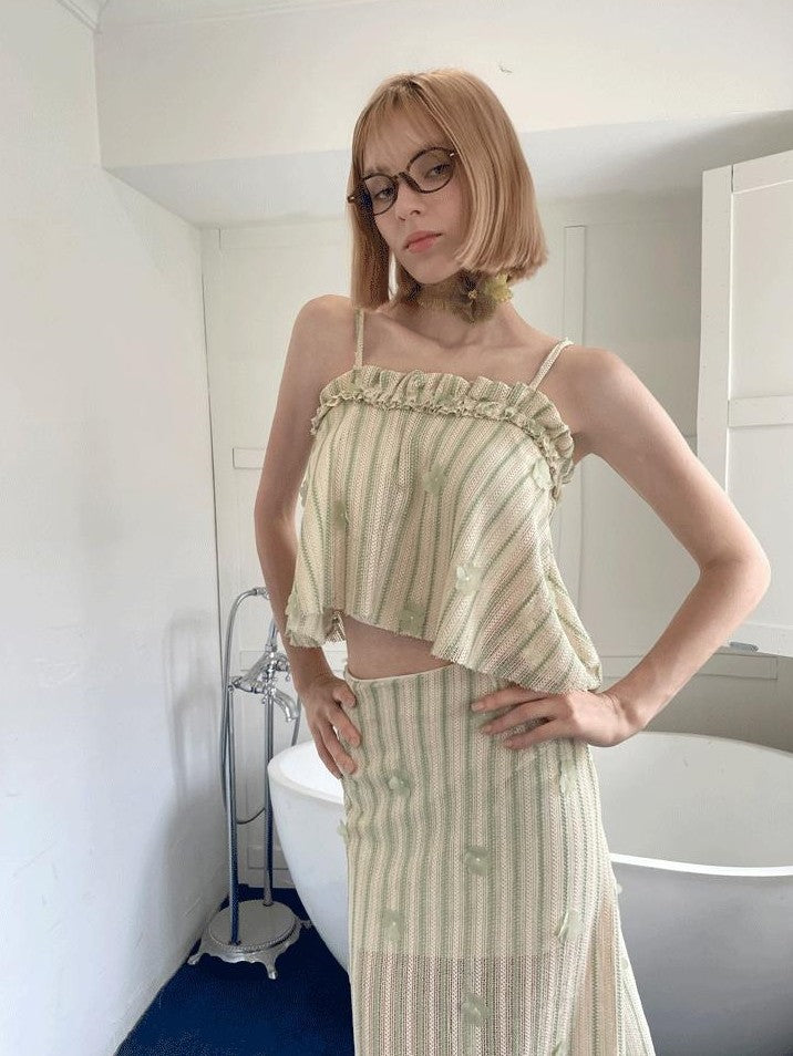 GGLOYDIUS Light Green Ruffle 3d Embroidered Cami Slim Women's Polyester Matching Skirt Sets