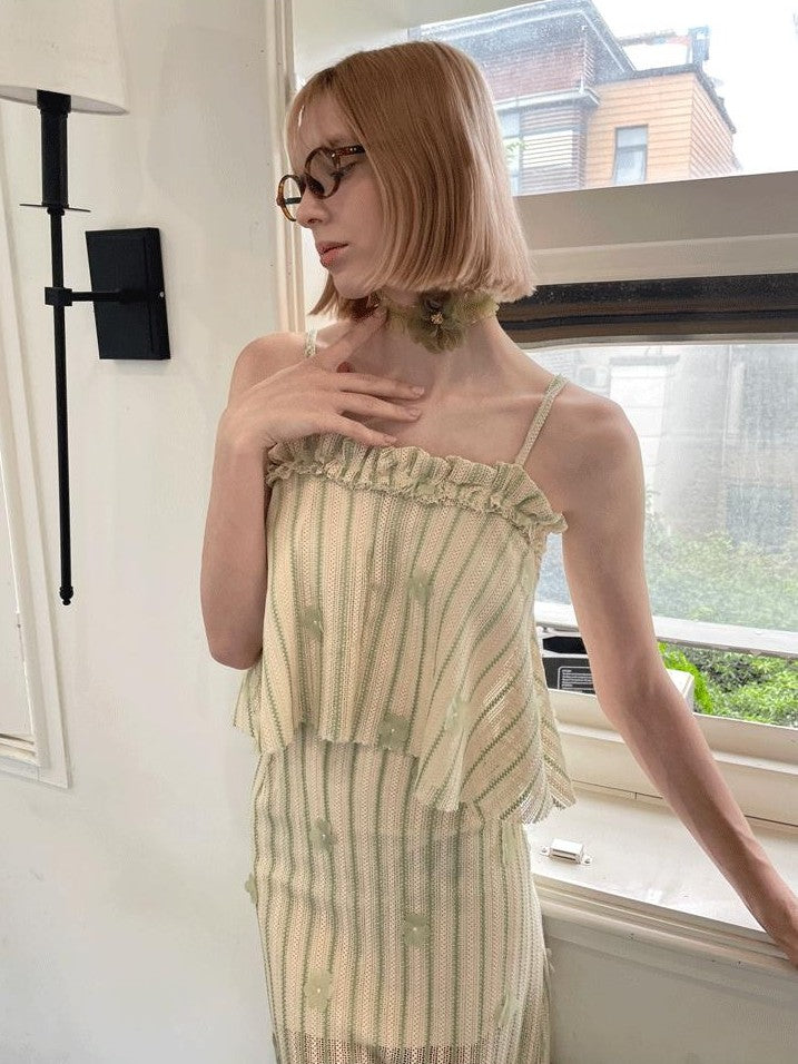 GGLOYDIUS Light Green Ruffle 3d Embroidered Cami Slim Women's Polyester Matching Skirt Sets