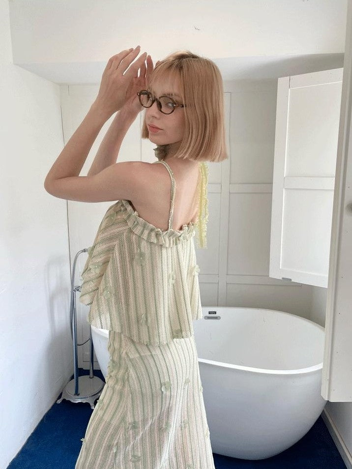 GGLOYDIUS Light Green Ruffle 3d Embroidered Cami Slim Women's Polyester Matching Skirt Sets