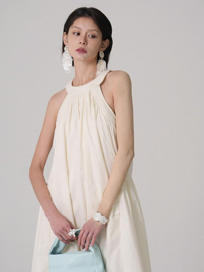 GGLOYDIUS Light Yellow Ruched Pleat A Line Silver Ring Women's Cotton Halter Maxi Dresses