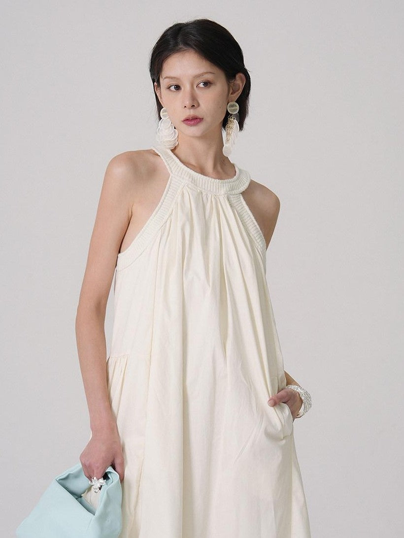 GGLOYDIUS Light Yellow Ruched Pleat A Line Silver Ring Women's Cotton Halter Maxi Dresses