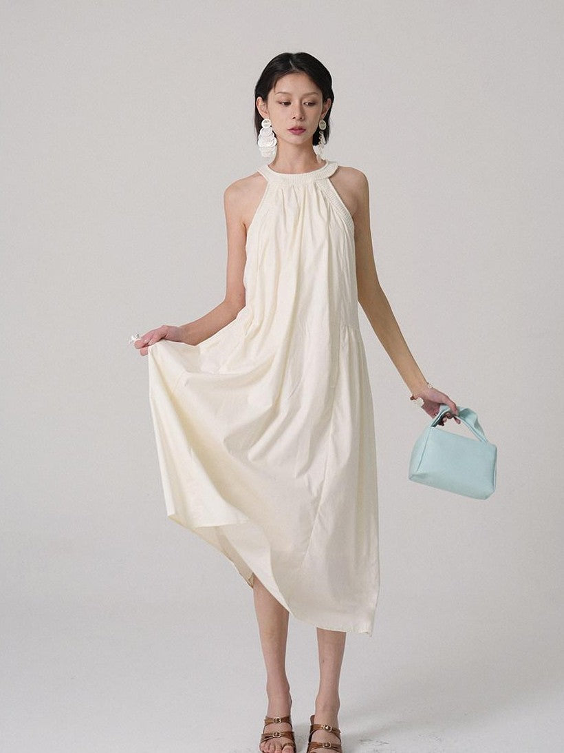 GGLOYDIUS Light Yellow Ruched Pleat A Line Silver Ring Women's Cotton Halter Maxi Dresses