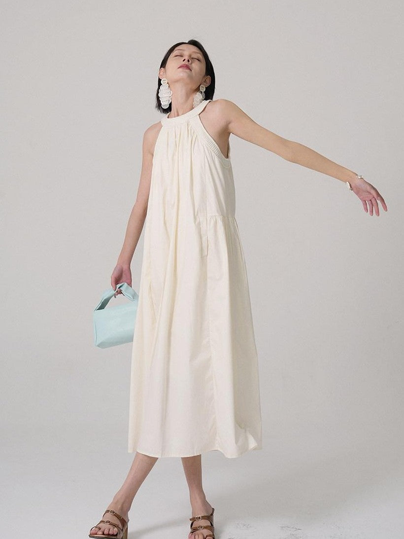 GGLOYDIUS Light Yellow Ruched Pleat A Line Silver Ring Women's Cotton Halter Maxi Dresses