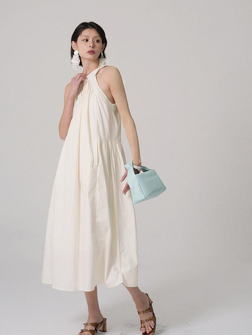 GGLOYDIUS Light Yellow Ruched Pleat A Line Silver Ring Women's Cotton Halter Maxi Dresses
