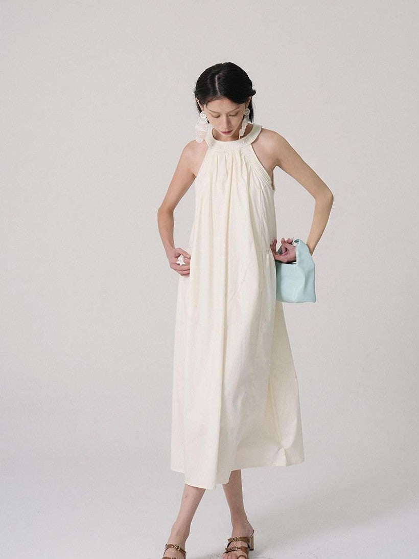 GGLOYDIUS Light Yellow Ruched Pleat A Line Silver Ring Women's Cotton Halter Maxi Dresses